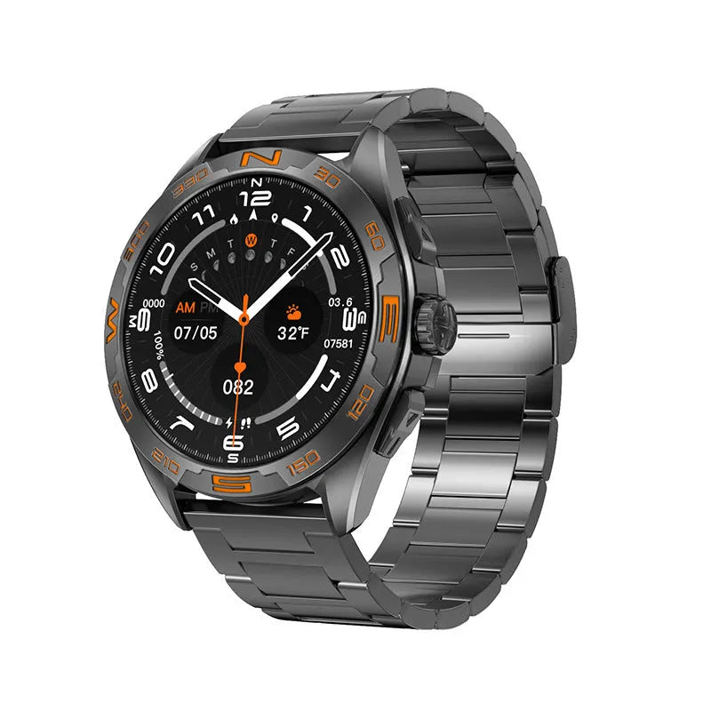 Black stainless steel smart watch showing health stats on IPS screen, with WhatsApp notification visible.