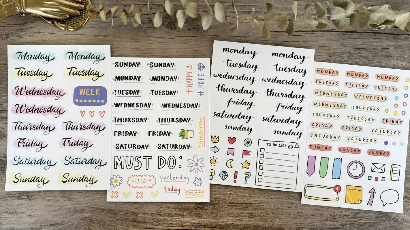 Cute English letters and numbers symbol label sticker set with multiple alphabet collections and weekly words