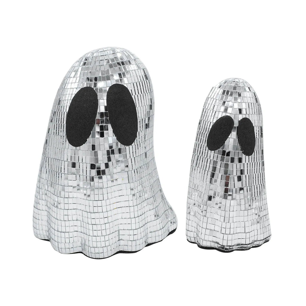 Silver ghost-shaped Halloween desktop decoration with sparkling mosaic mirror patch details.