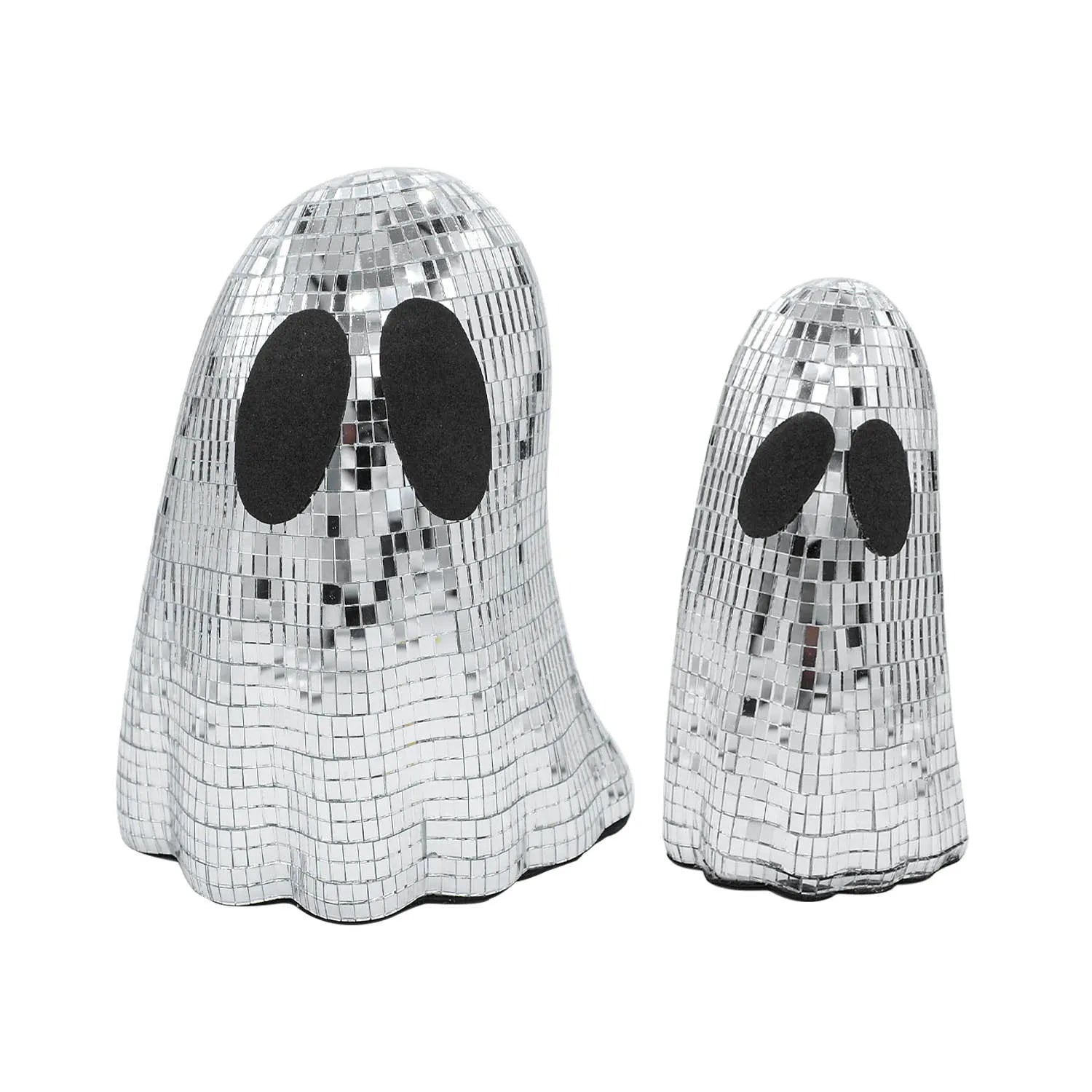 Silver ghost-shaped Halloween desktop decoration with sparkling mosaic mirror patch details.
