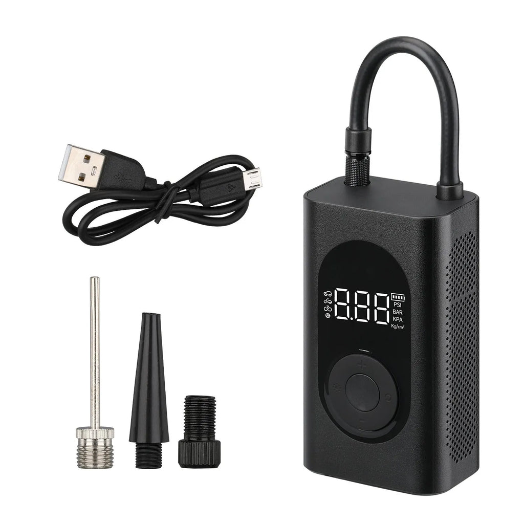 Portable wireless tyre pump with power bank and torch on a black background.