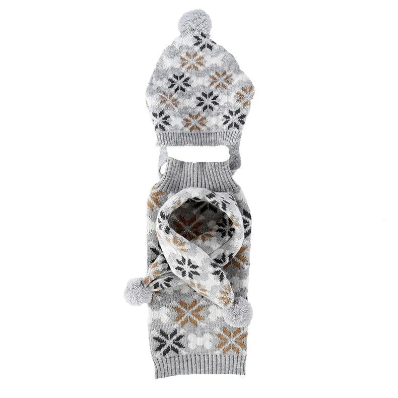 Japanese-style retro jacquard pet sweater hat and scarf set in grey and pink colour options