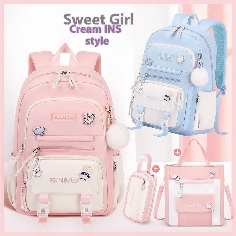 Girls waterproof school backpack in pink colour with curved shoulder straps and spine protection features