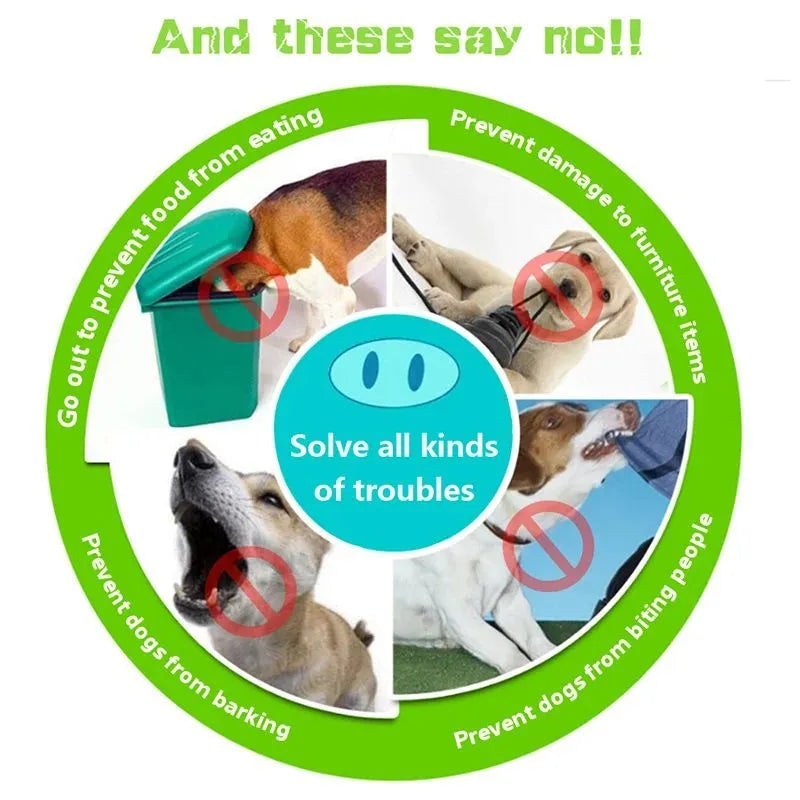 Blue silicone dog anti-bite mouth cover shown on long-mouthed breed with size dimensions displayed