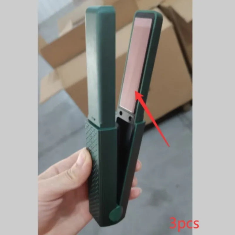 Pink and green cordless USB hair straightener with ceramic plates and digital temperature display.
