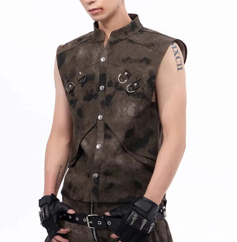 Camouflage pattern denim vest and trouser set with semi-high collar and single button front