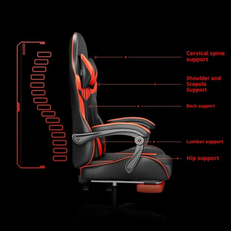 Adjustable reclining massage computer chair with footrest lights in leather for home gaming office use