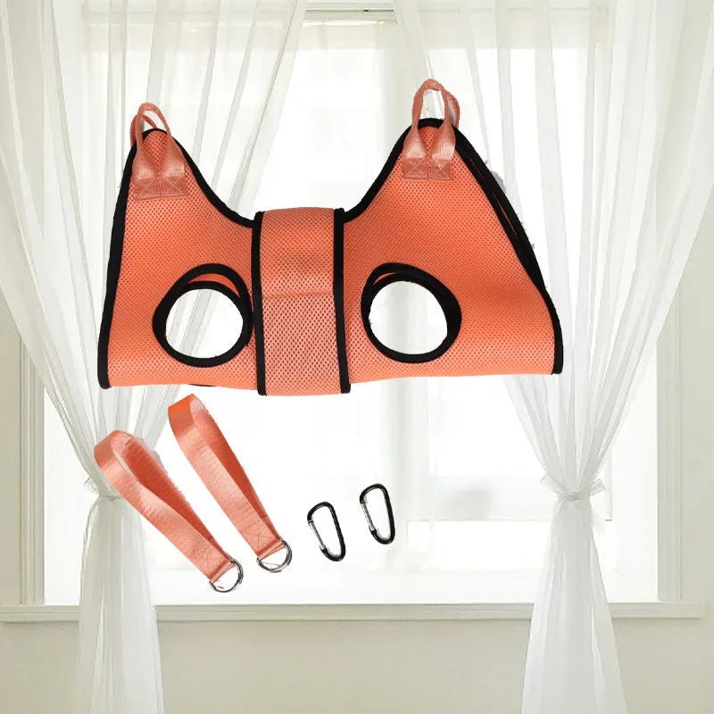 Pet grooming restraint hammock bag for cats shown in three sizes for nail clipping and bath time.
