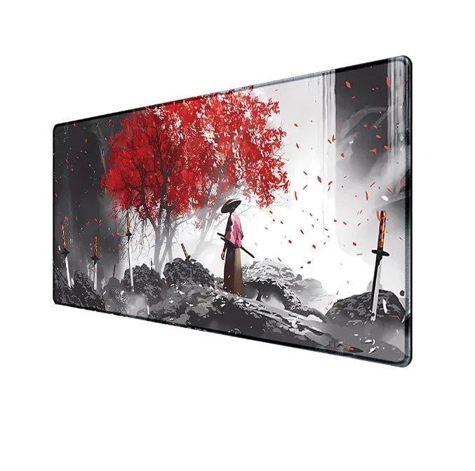Japanese samurai artwork gaming mouse pad on a desk with a computer mouse