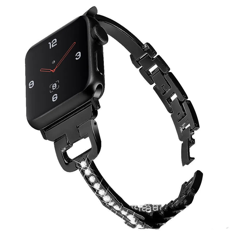 Apple Watch metal strap with diamond pattern in D-shaped connector design showing multiple colour options