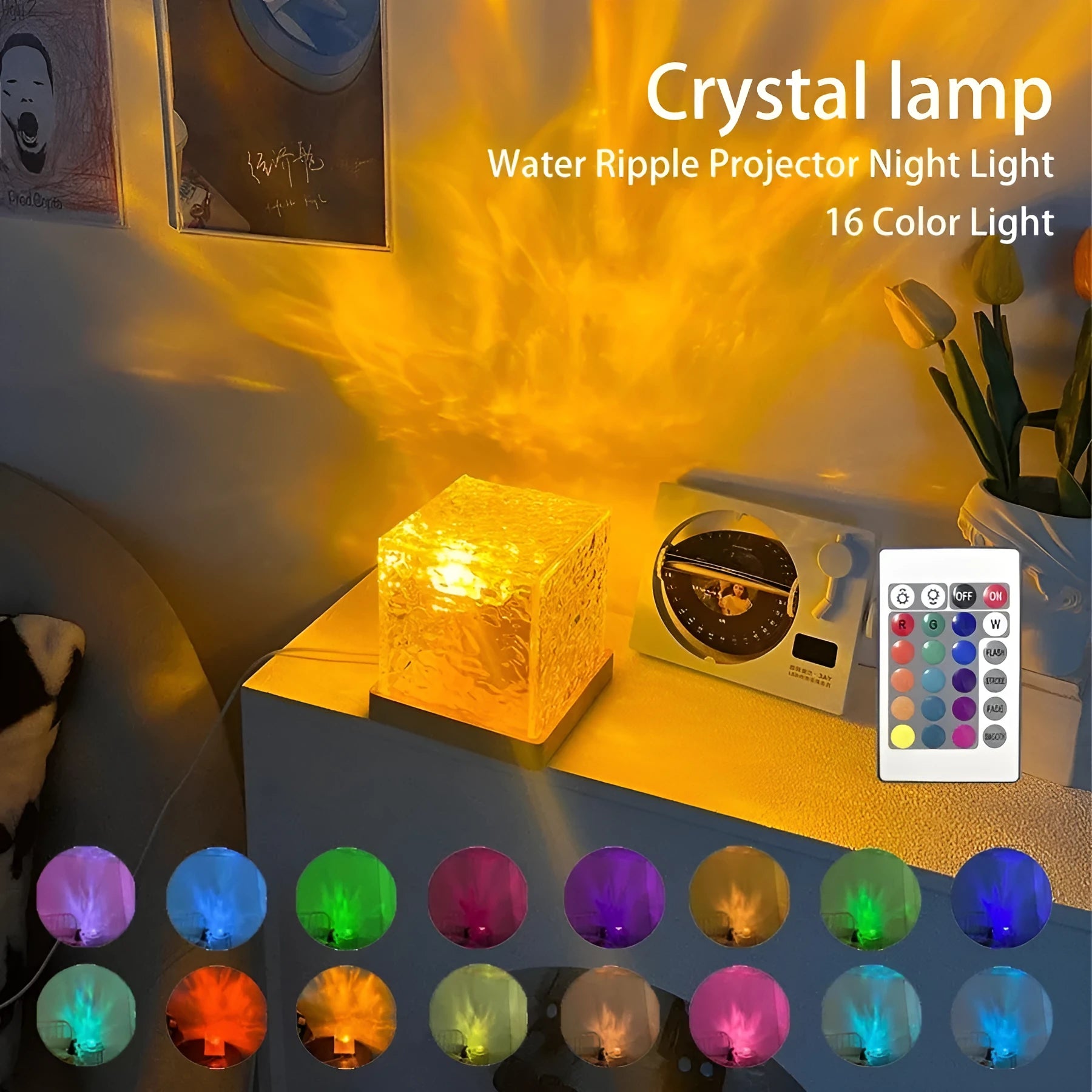 Remote control water ripple LED table lamp with USB cable and crystal projection element