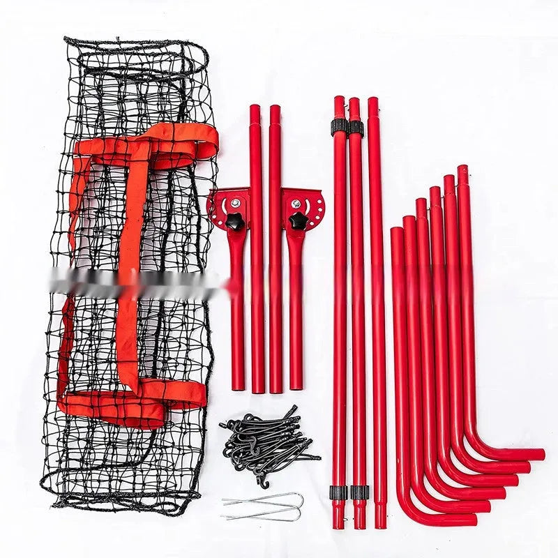 Red metal frame portable baseball training net set up for practice.