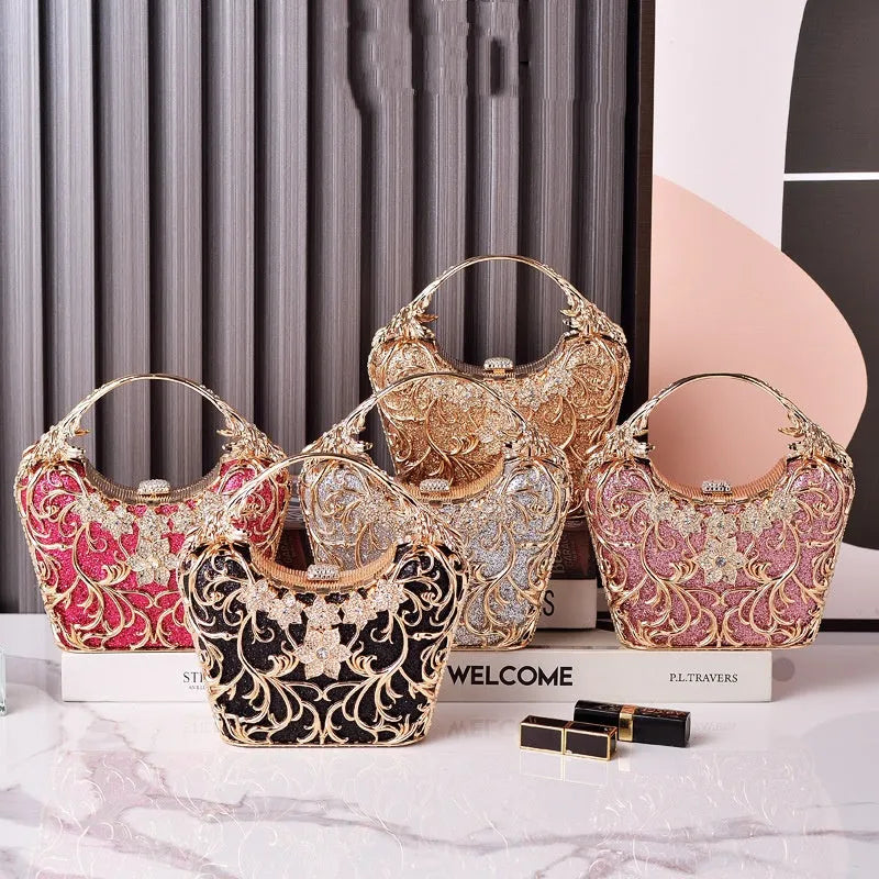 Hollow out shiny party clutch bag in hard PU, bucket shape, available in silver, black, purplish red, pink, gold