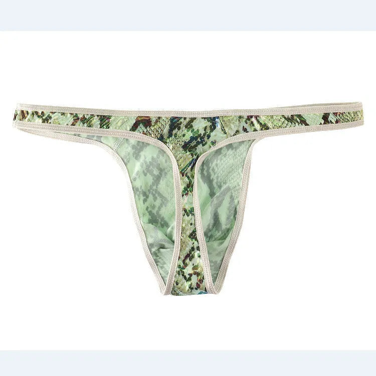 Men's camouflage snake print thong underpants in polyester fabric with low waist T-back design