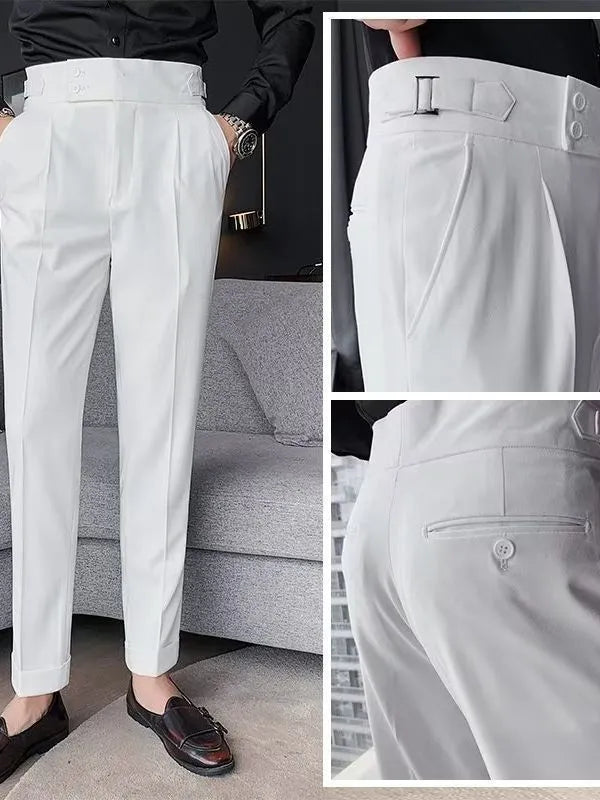 Retro high waist straight leg casual trousers in a cotton blend fabric, shown in a neutral colour.