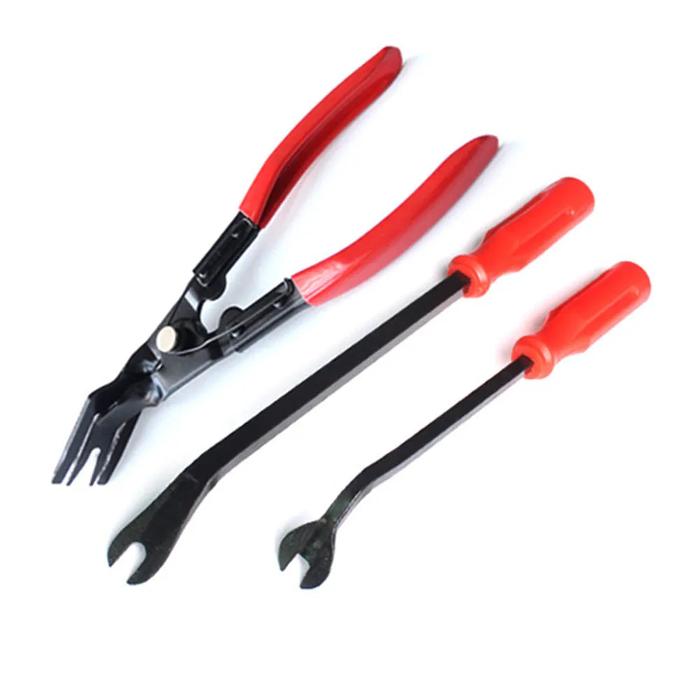Red-handled steel clip driver tool for General Motors vehicle door panel fasteners.