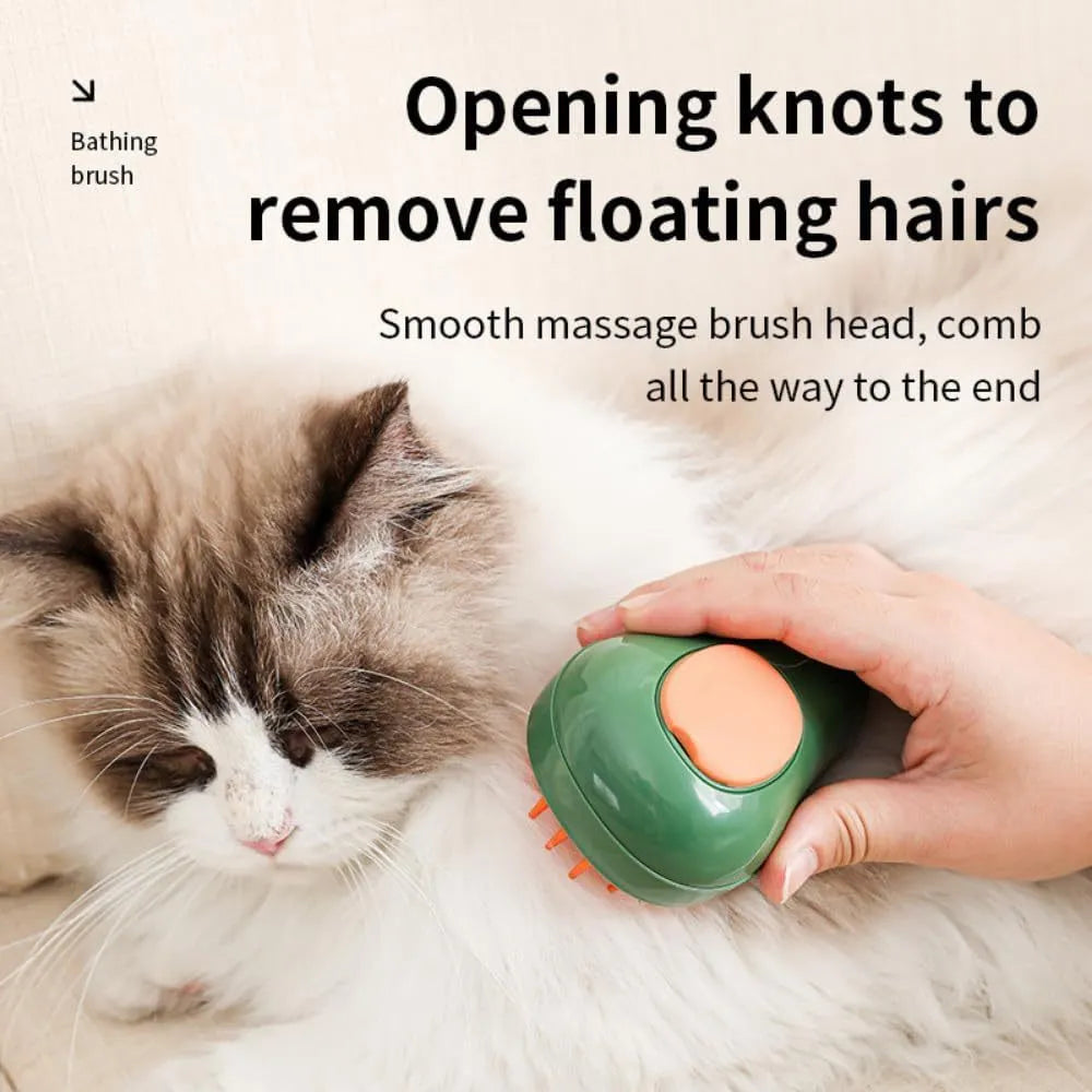 Green and white 3-in-1 cat steam brush with silicone teeth and water spray function, shown with size scale.
