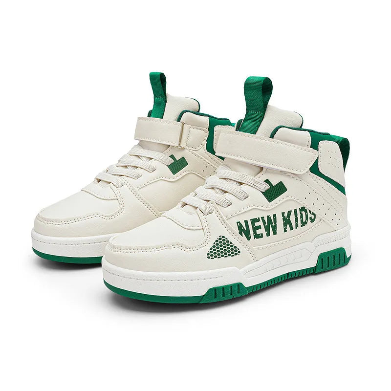 Children's coloured buckle sneakers with PU upper and rubber sole on a neutral background.