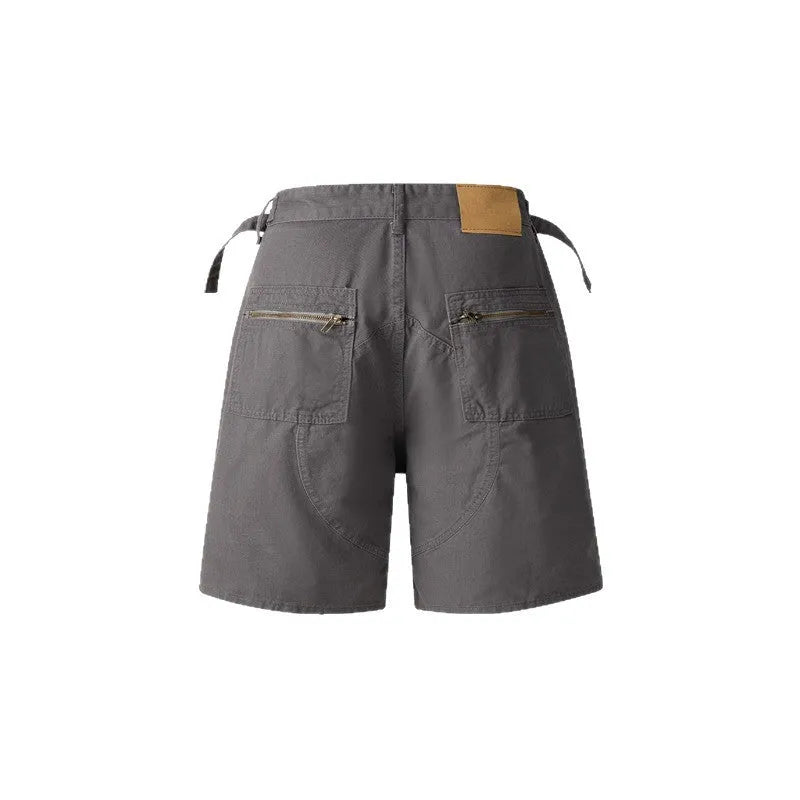 Retro workwear shorts in washed cotton cloth with loose fit and half elastic waistband