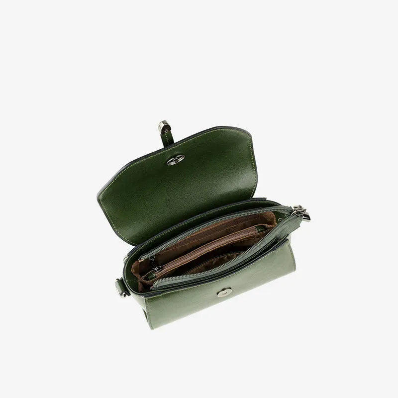 Dark brown women's genuine leather messenger bag with stitching, horizontal square shape 20x9x12 cm, front view