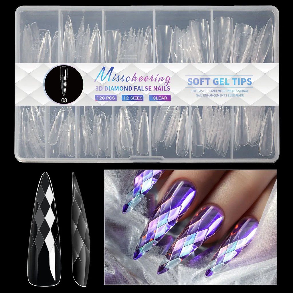 Pack of 3D diamond-patterned long artificial nail tips on a black background.