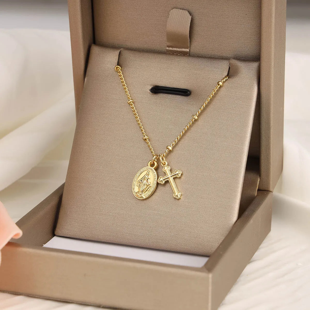 Gold geometric cross Virgin Mary necklace for women on copper chain