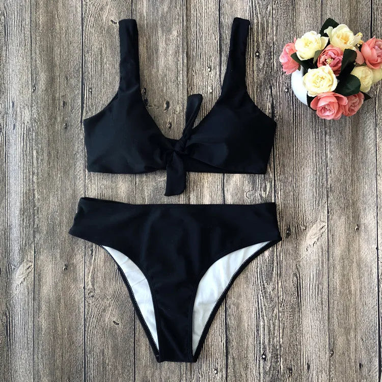 Women's solid colour bikini set in polyester, shown in one of five colour options.