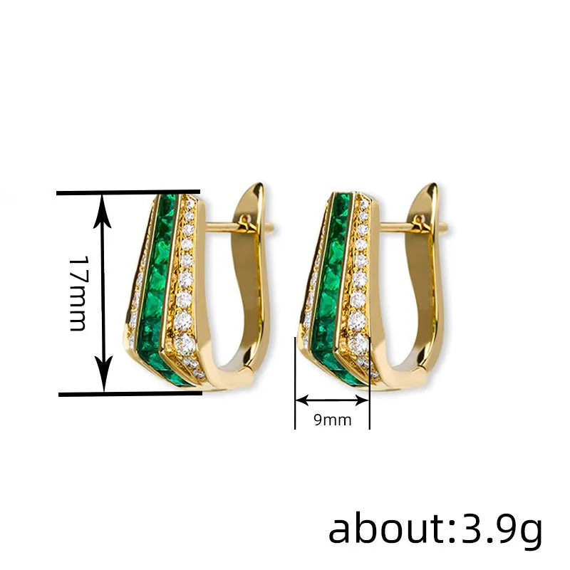Yellow gold clip-on earrings with round and triangle faux emerald and zircon stones on copper