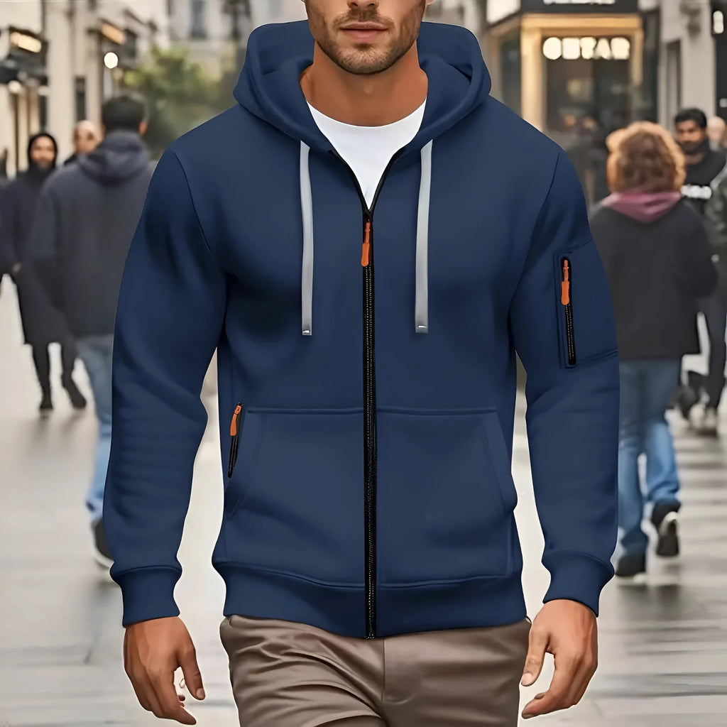 Man wearing a zip-front hooded cardigan coat in army green colour with wool lining.