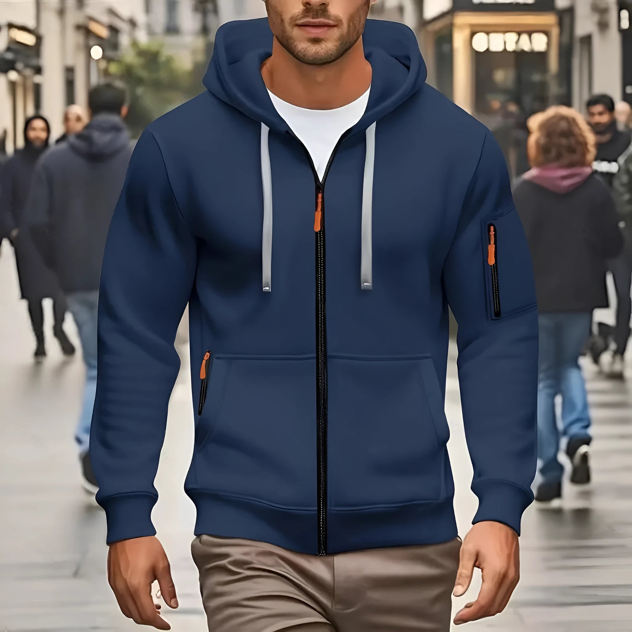 Man wearing a zip-front hooded cardigan coat in army green colour with wool lining.