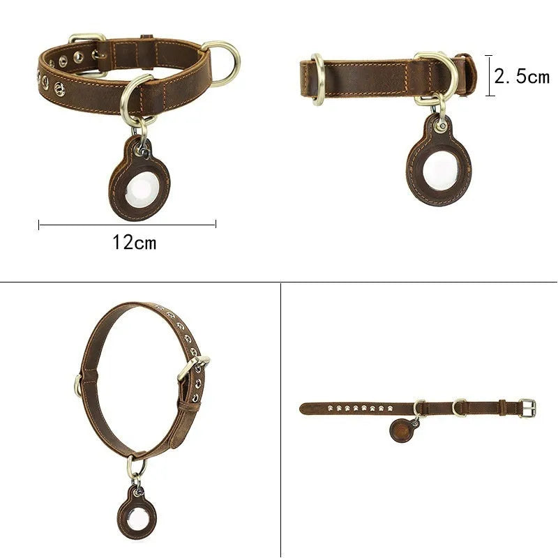 Brown handmade leather dog collar with retro styling and halter positioning for tracking