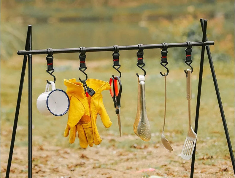 Foldable aluminium triangle camping drying rack with hooks and top tray