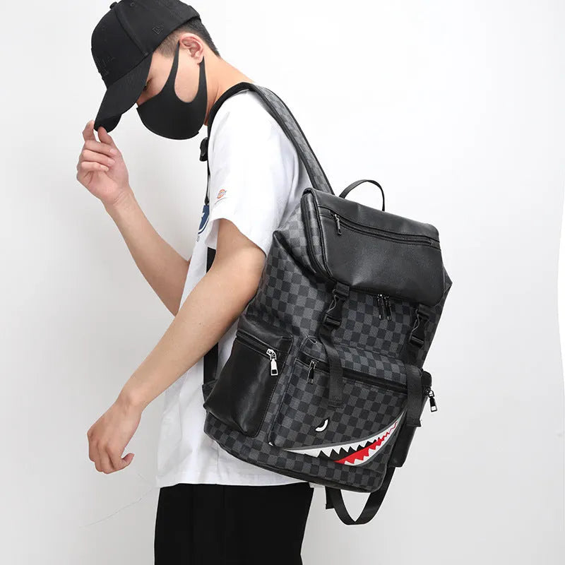 Korean casual checkered printed black backpack with curved shoulder straps and PU leather construction