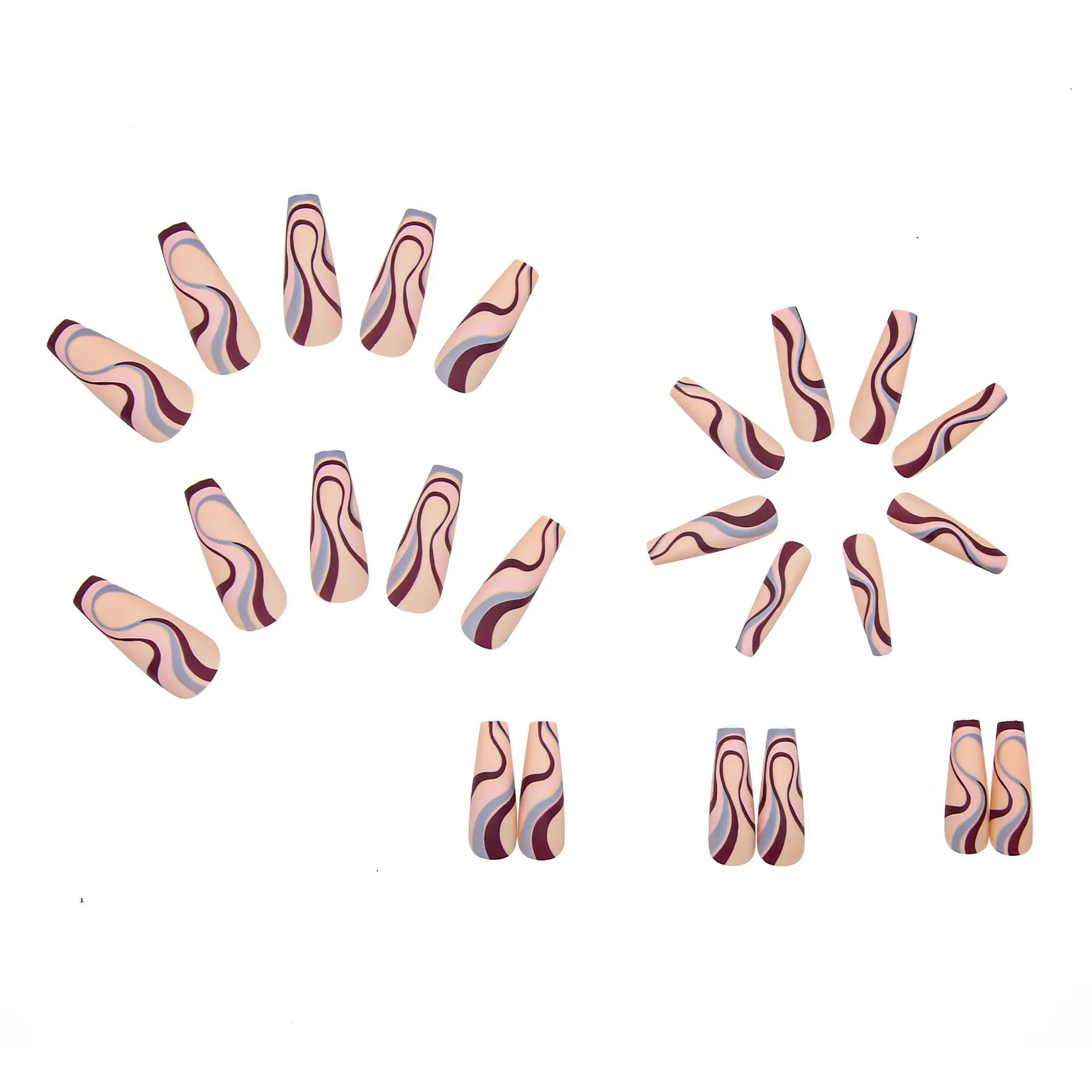 Pack of Ballet W067 wave line patterned nail stickers with pots of jelly glue on a pink background.