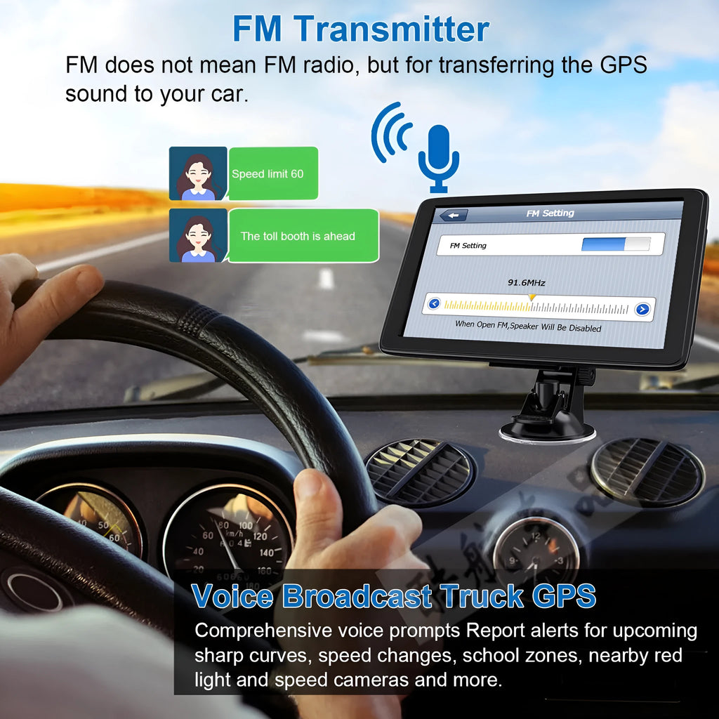 7 inch portable car GPS navigation device on dashboard with bracket and car charger