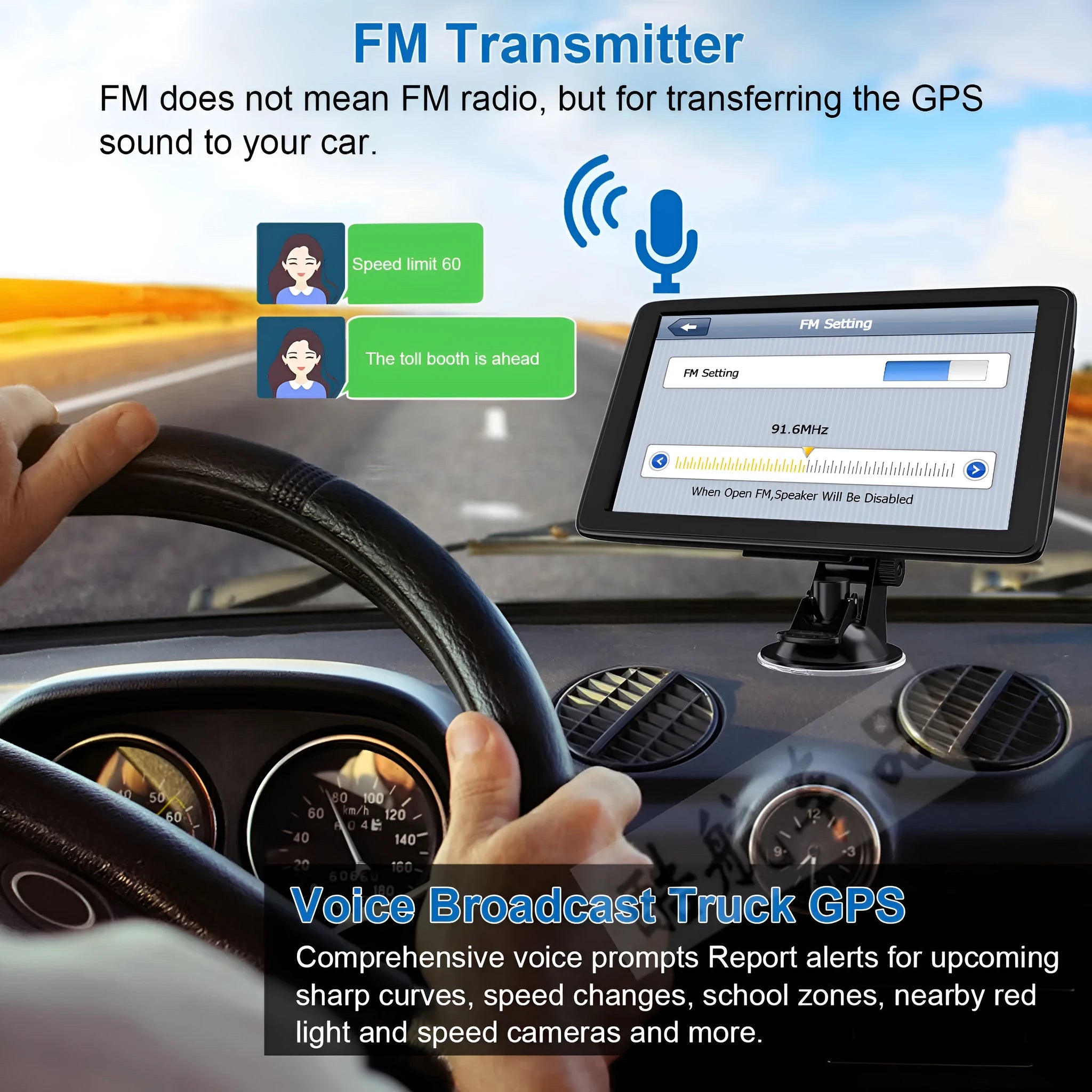 7 inch portable car GPS navigation device on dashboard with bracket and car charger