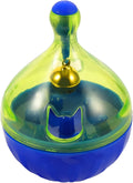 Blue and white durable plastic dog and cat treat dispenser puzzle ball toy.