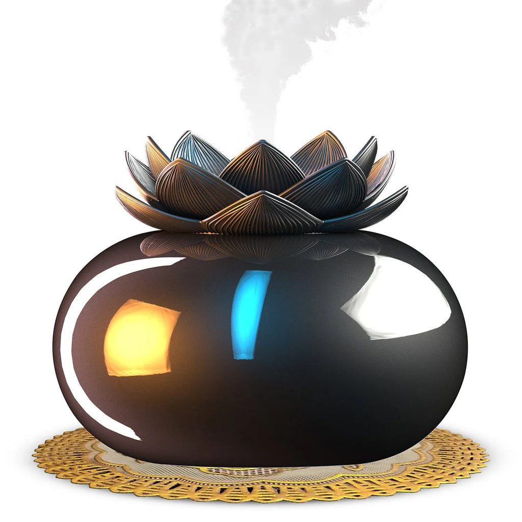 Pure black round lotus aromatherapy humidifier with USB cable connection and mechanical controls