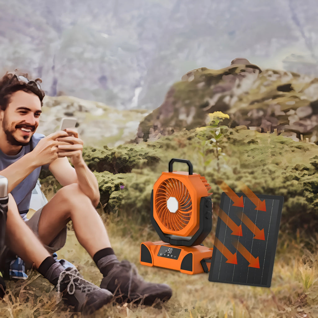 Outdoor portable rechargeable lighting fan with remote control, shaking head, in F6 Orange colour