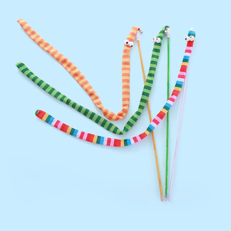 Cat wand teaser toy with polycarbonate handle and long plush strip in multiple colour options