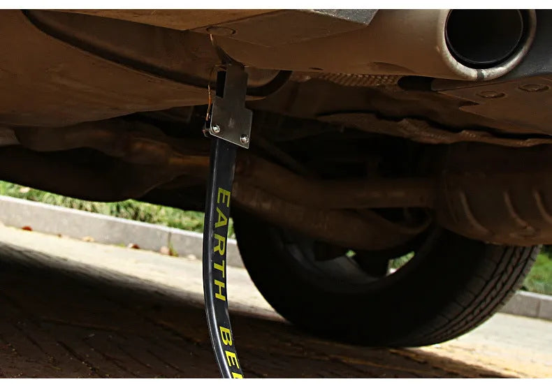 Black car electrostatic grounding belt with 370mm rubber-coated copper chain for static discharge.