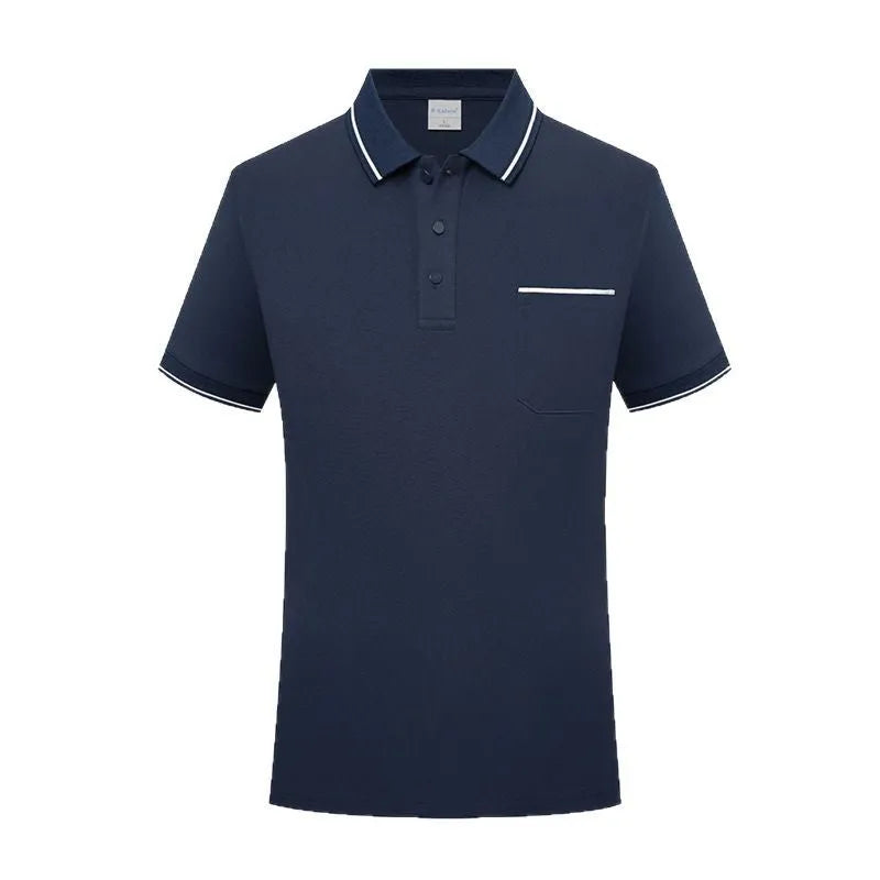 Apricot coloured lapel short sleeve polo shirt with a chest pocket on a spandex fabric.