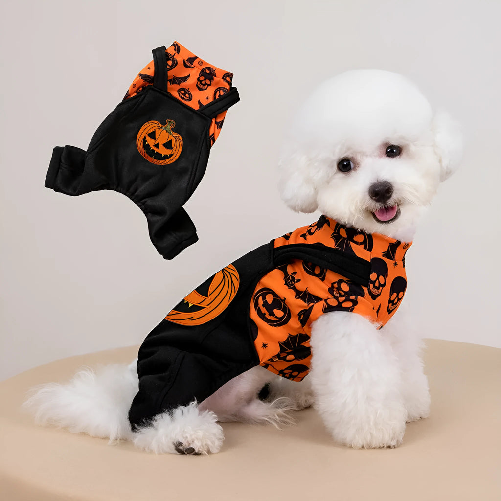 Halloween party creative printing pet dog costume in polyester, shown in two colour options and five sizes XS to XL