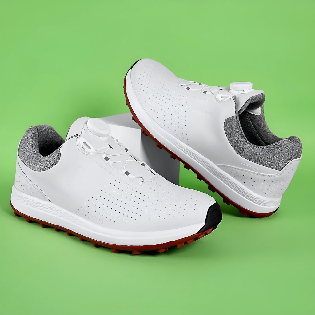 Men's white and black golf shoes with broken nail pattern soles and breathable design