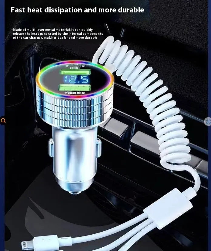 Colorful light-level fast charging car phone charger with three-in-one cable metal plastic 320W black silver