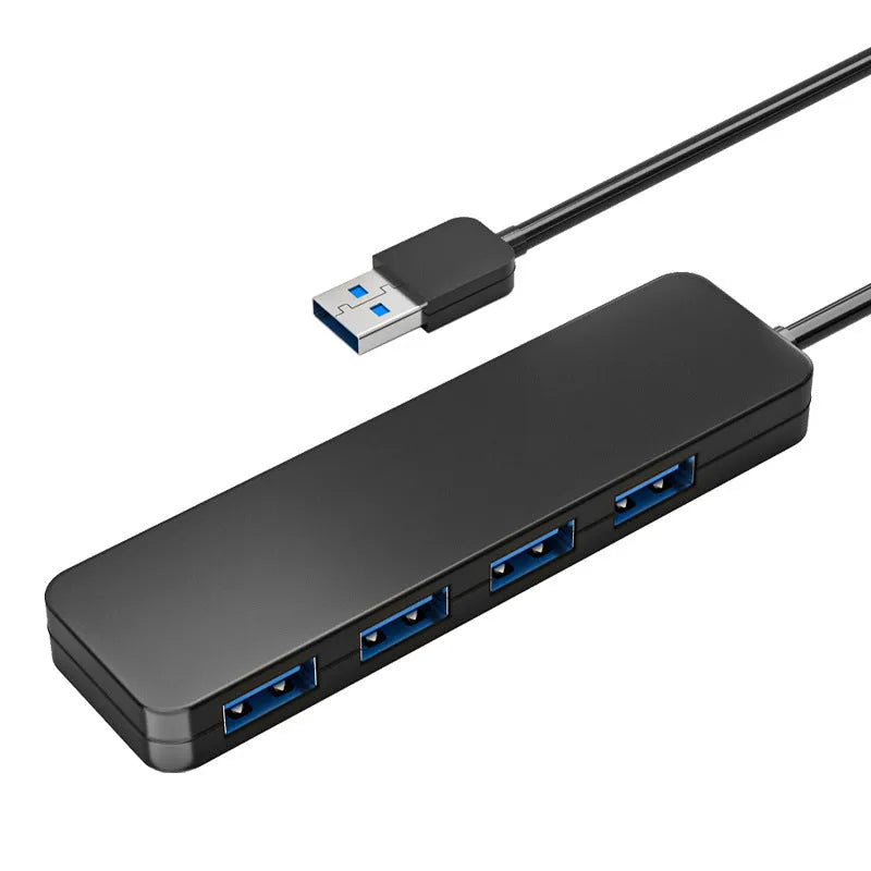 Black USB 3.0 hub with four ports and 30cm cable for computer expansion