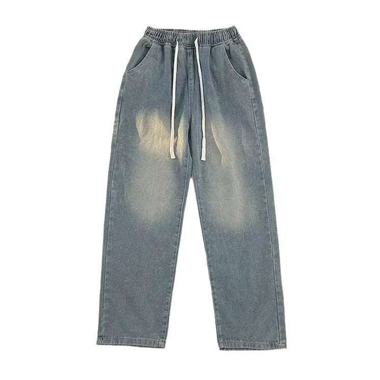 Men's straight-leg blue jeans with drawstring waist on mid-waist cut