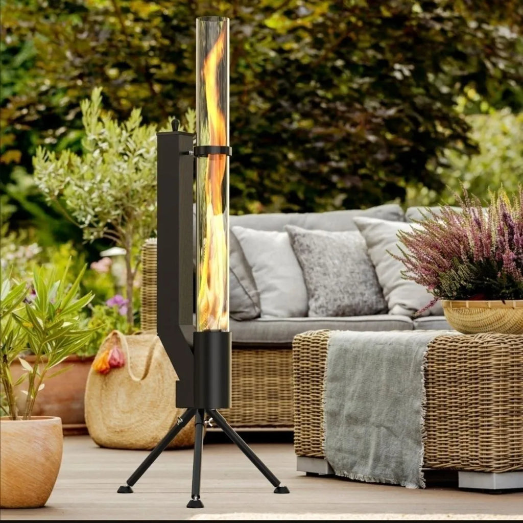 Vertical iron wood burning rocket furnace heating stove for outdoor courtyard and patio use
