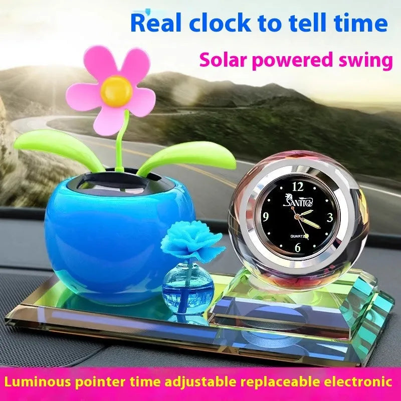Glass car perfume ornament with crystal carving, cartoon style, in blue or red, including clock, apple, and shaking head monk designs.