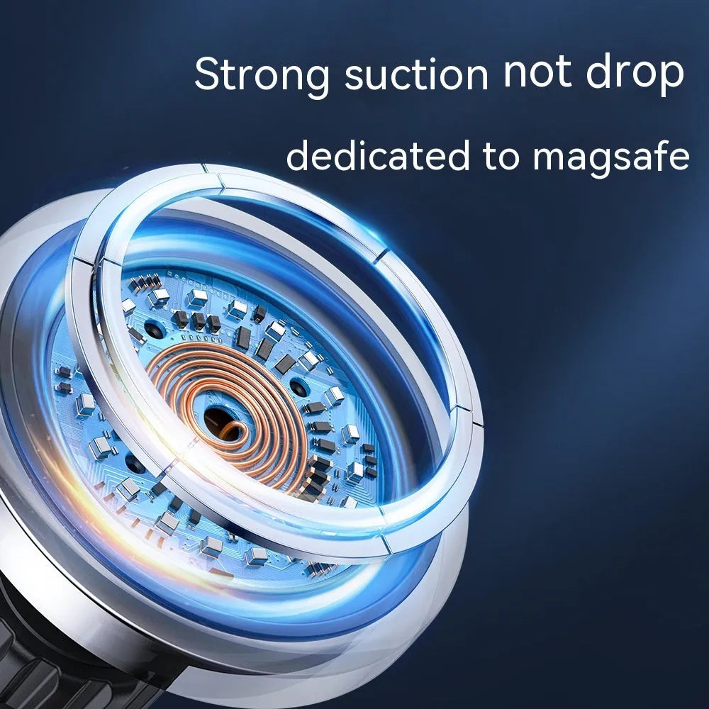 Black car magnetic wireless charging stand mounted on vehicle air vent charging smartphone